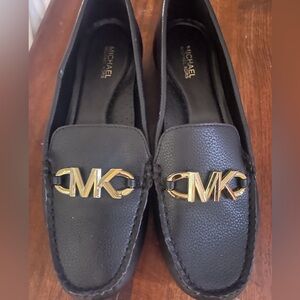 Michael Kors Black Leather Loafer/Moccasin with Gold Emblem Accent